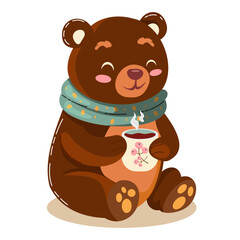 Cute cartoon bear enjoying a warm drink