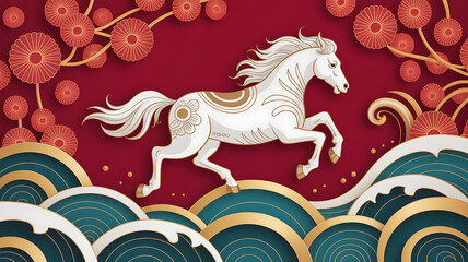 Majestic white horse gallops through traditional chinese new year waves and floral decorations