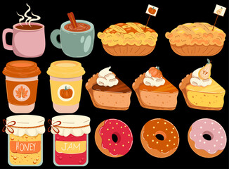 Autumnal Delights: A Colorful Illustration of Fall Treats and Beverages