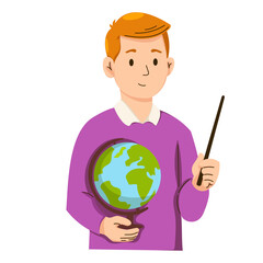 A cartoon teacher holding a globe and pointer