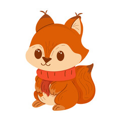 Cute cartoon squirrel wearing a red scarf on a white background