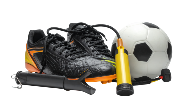 A composition displaying a soccer ball, a pair of black cleats with orange accents, and a yellow and black ball pump, all arranged on a plain black background, suggesting preparation for an upcoming .