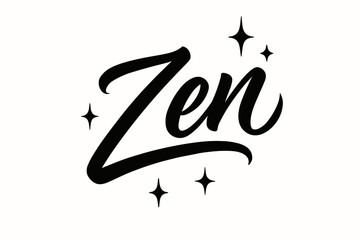 Obraz premium Zen Brush Elegance. Zen, brush lettering, smooth flowing tone, surrounded by sparkles, diagonal decorative composition, clean white background, vector look,
