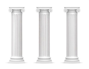 Three Classical Columns in White: Illustration of Ancient Greek Architecture