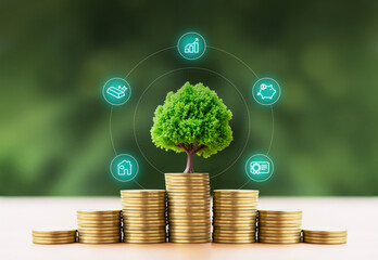 Sustainable Financial Growth Rooted in Smart Investment, Tree grows from coins with icons of savings, housing, and finance