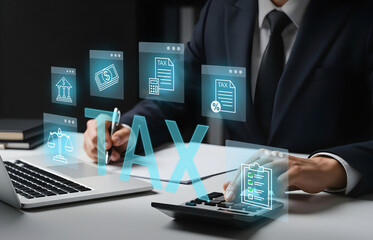 Digital Tax Filing and Financial Compliance Interface, Laptop shows glowing TAX icon with legal and financial symbols