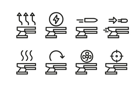 Railgun Icon Sequence. Outline icon set of railgun firing sequence: charge buildup, electromagnetic pulse, projectile launch, recoil, heat dissipation, reload,