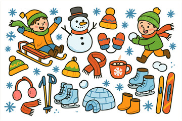 Fototapeta premium Winter Doodle Fun. Winter Play. Colorful Hand-drawn doodle Children illustration sled, snowman, snowflakes, mittens, hat, scarf, hot cocoa, ice skates, igloo,