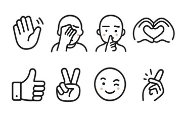 Obraz premium Icon Gesture Collection. Outline icon set of blush gestures: hand wave, face palm, finger on lips, heart hands, thumbs up, peace sign, wink, finger snap. Line