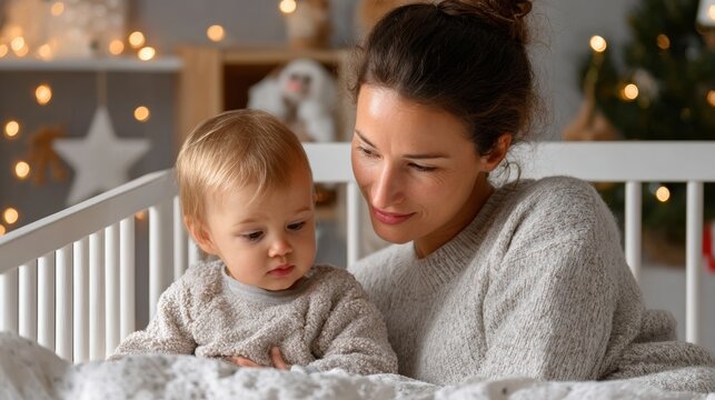 Young mother lovingly tucks her toddler into bed in a cozy nursery filled with warm lights and soft decor - Powered by Adobe