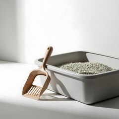 Modern cat litter box with a scoop, featuring clean design and minimalistic aesthetic in bright light