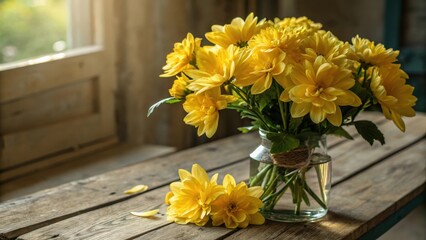 Fototapeta premium Still life of vibrant yellow tulips in a ceramic vase on rustic wooden table.
