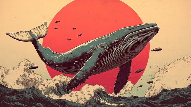 On a white background, a seamless modern pattern is complemented by a cute whale