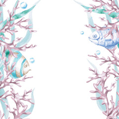 A square frame with corals, seaweed, and fish. Isolated watercolor illustration of sea creatures for children's interiors, cosmetics, greeting card designs, and themed holidays.