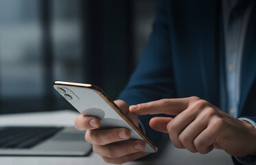 Seamless Mobile Interaction in Digital Work Environment, Hands use smartphone beside laptop in modern tech workspace