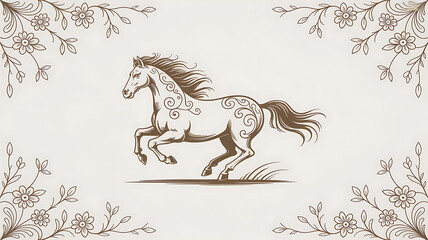 Majestic horse illustration with floral border festive chinese new year celebration