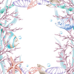 A square frame with coral, seaweed, fish, and shells. Isolated watercolor illustration of sea creatures for children's interiors, cosmetics, greeting card designs, and themed holidays.