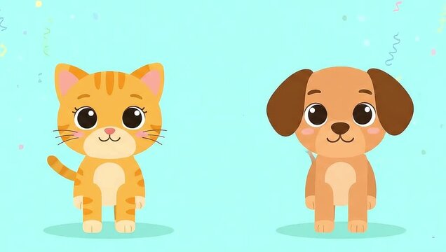Cute Cartoon Cat and Dog Friends Playing Together on Blue Background.