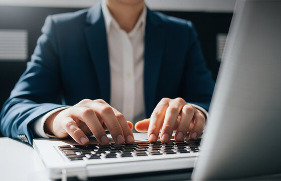 Professional Business Typing in Modern Office Setting, Hands on laptop keyboard in bright workspace environment