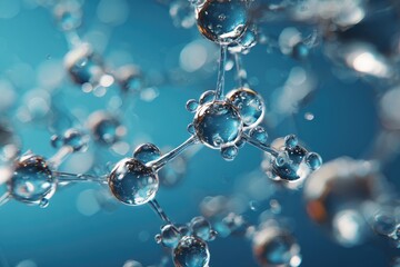 Macro shot of transparent, interconnected molecular structures, with a shallow depth of field, on blue background
