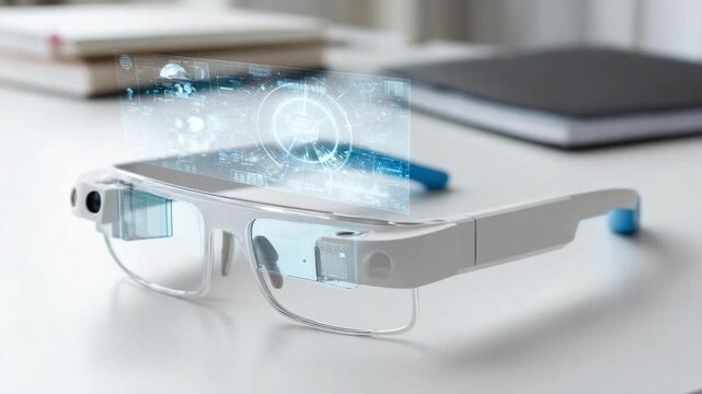 Augmented reality smart glasses with a holographic HUD projected in front of the lenses.