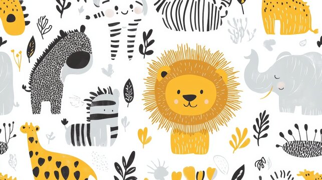 Kids cartoon design with a seamless pattern of animals such as lion, zebra, and giraffe