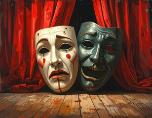 Theater Masks: Tragedy and Comedy Represented on Stage with Red Curtains