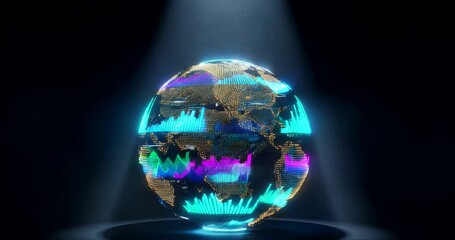 Futuristic globe displaying vibrant data visualizations in a dark space - Powered by Adobe