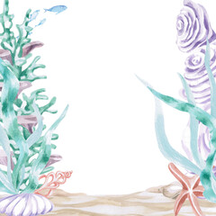 A square frame with a variety of corals and seaweed. Isolated watercolor illustration of sea creatures for children's interiors, cosmetics, greeting card designs, and themed holidays.