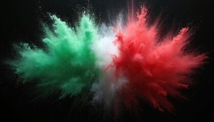 Explosion of red and green powder clouds mixes with white on black background creating dynamic abstract pattern. Vivid Holi festival colors in motion spread outwards with bright intensity.