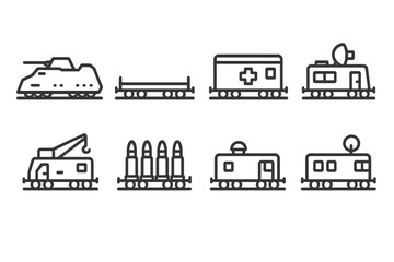 Obraz premium Military Rail Icons. Outline icon set of military rail transport vehicles: armored train, flatbed car, medical wagon, command post car, engineer car,