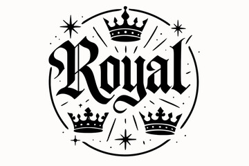 Fototapeta premium Gothic Regal Calligraphy. Royal, gothic medieval calligraphy, dramatic regal strokes, surrounded by crowns and sparks, circular frame composition, clean white