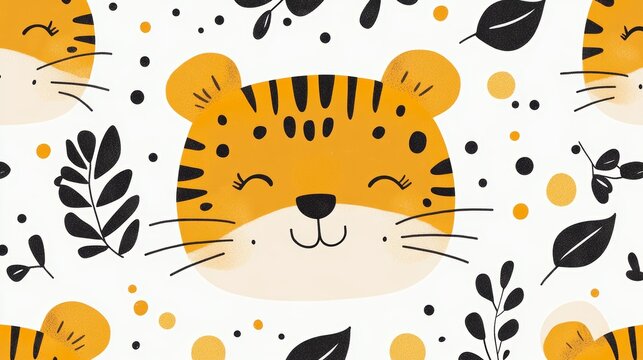 A seamless pattern of tigers on white, designed for use on textiles, paper, and website applications
