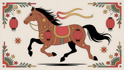 Traditional chinese art of a galloping horse with lanterns and floral motifs festive celebration