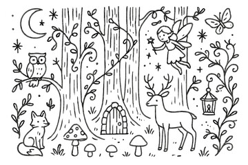Magical Forest Doodle. Enchanted Forest. Hand-drawn doodle illustration tall trees, mushrooms, fairy, lantern, deer, owl, fox, vines, stars, moon, butterfly,