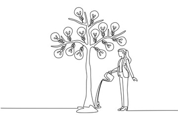 Continuous one line drawing a businesswoman watering big tree bearing many fruits with lightbulb with watering can. Mature thinker. National Creativity Day. Single line draw design vector illustration