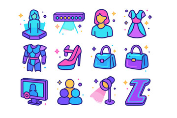 Fototapeta premium Futuristic Fashion Icons. Digital runway. Colorful isometric vector icons set of digital runway: holographic stage, LED lights, avatar models, futuristic