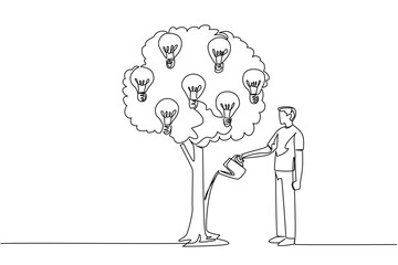 Single one line drawing a man watering a leafy tree that bears light bulbs. Taking good care of genius ideas. Investment of mind. National Creativity Day. Continuous line design graphic illustration