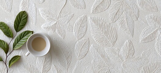 A coffee cup and leaf branch sit on a textured surface with embossed leaf pattern