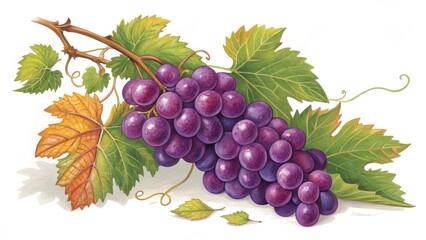 Obraz premium Lush bunch of purple grapes with green and yellow leaves.