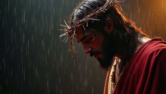 Jesus Christ wears crown of thorns on head in heavy rain. Looks down, solemn face. Blood drops from thorns. Dark background emphasizes suffering. Image evokes biblical themes of sacrifice, devotion,