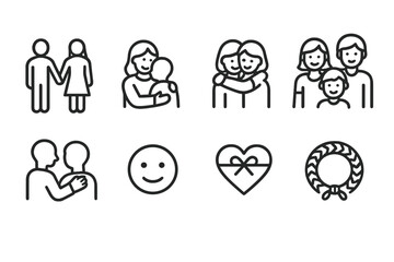 Naklejka premium Tender Icon Set. Outline icon set of tender relationships: couple holding hands, mother and child, best friends hugging, family group, supportive shoulder,