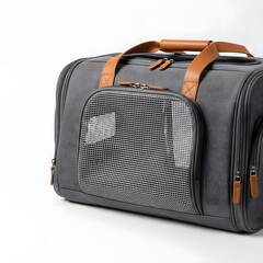 Stylish grey travel bag with mesh panel and leather handles, set against a minimalist background