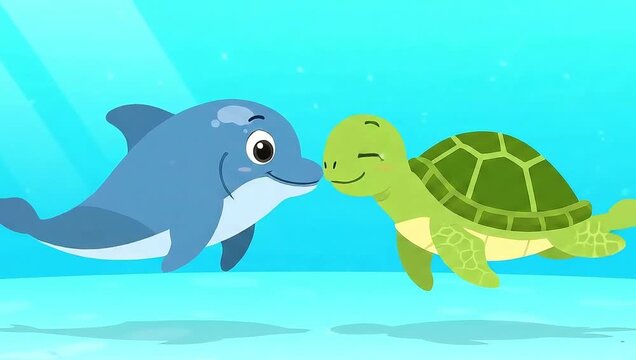 Cute Cartoon Dolphin and Sea Turtle Friends Swimming Together.