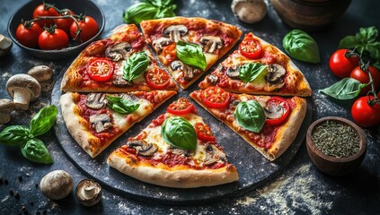 Sliced pizza on stone w/ mushrooms, tomatoes, and basil