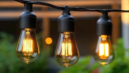 Lit Edison bulbs strung outdoors