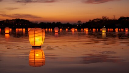 Orange evening sun sets over the river and lake, its reflection painting the sky and water in nature's vibrant landscape