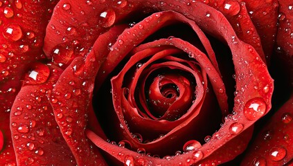 Ruby rose, tight petals, glistening dew drops, close-up