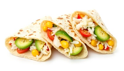 Three fresh vegetable tortillas with colorful fillings on white background  
