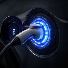 Electric car plugged in, glowing blue port